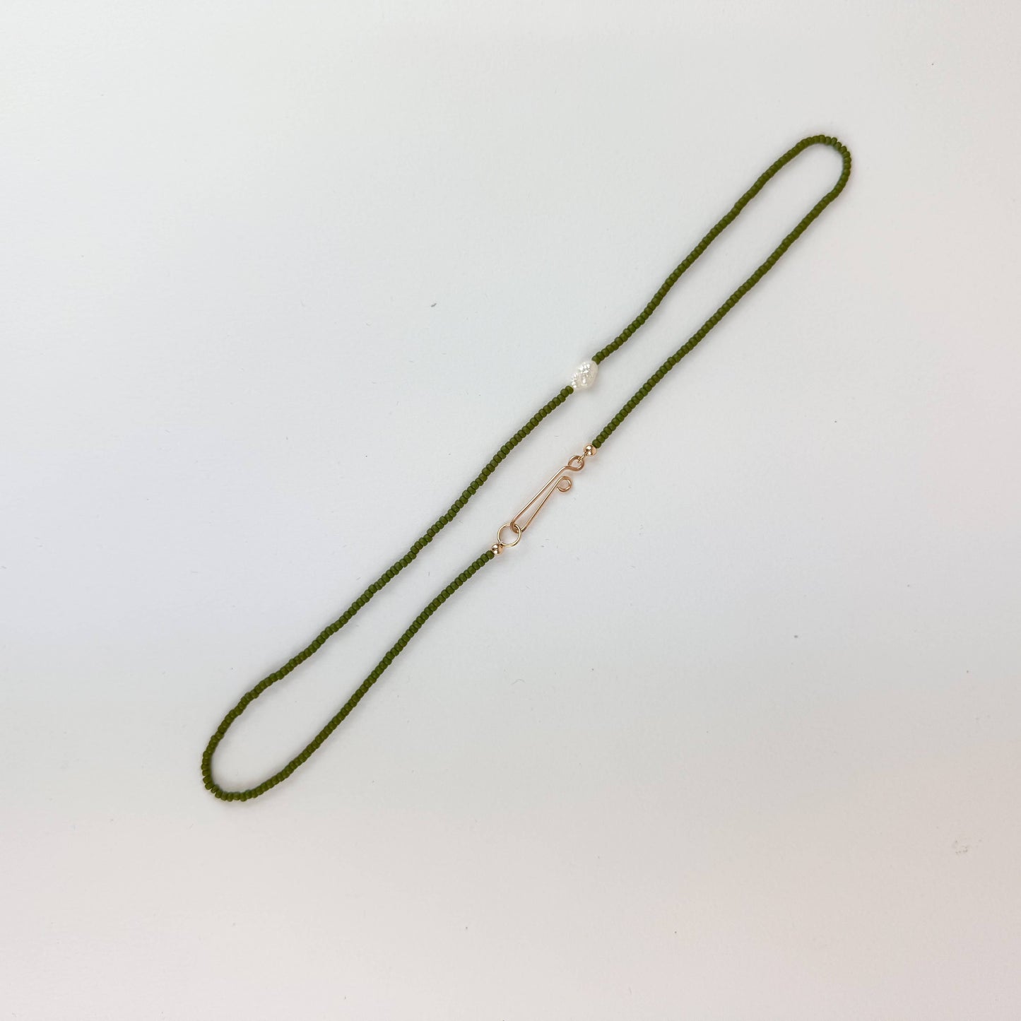 The Khadi Seed Bead Pearl Necklace • Matte Olive Green