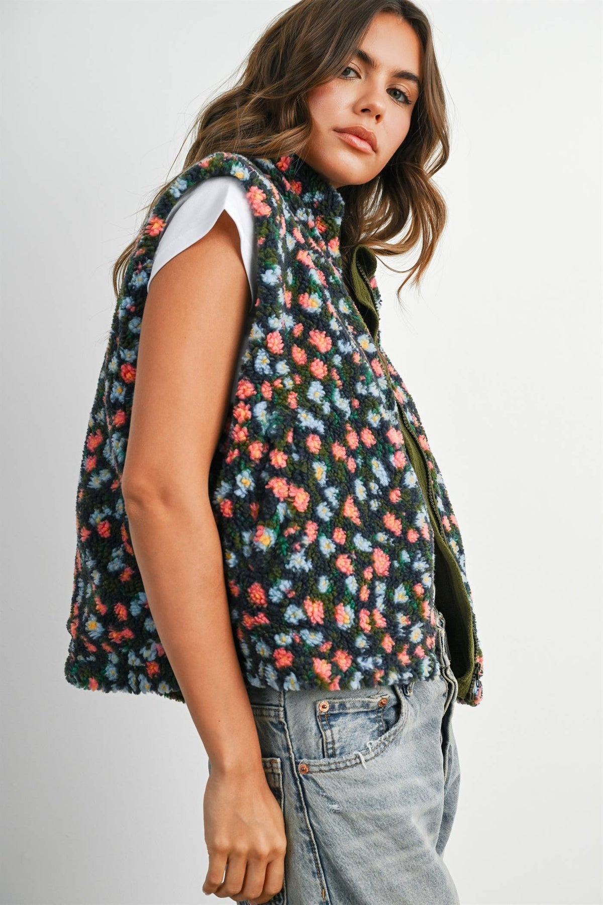 Ditsy Floral Sherpa Fleece Vest • Olive