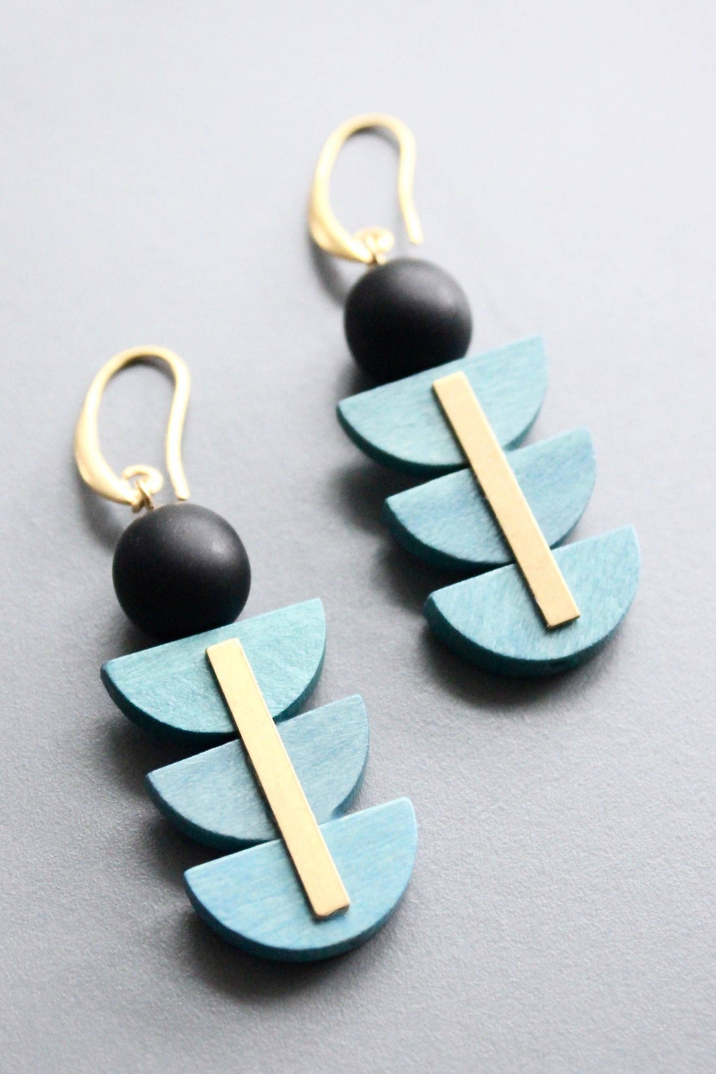 David Aubrey • Wood Painted Geometric Art Deco Earrings • Black Blue