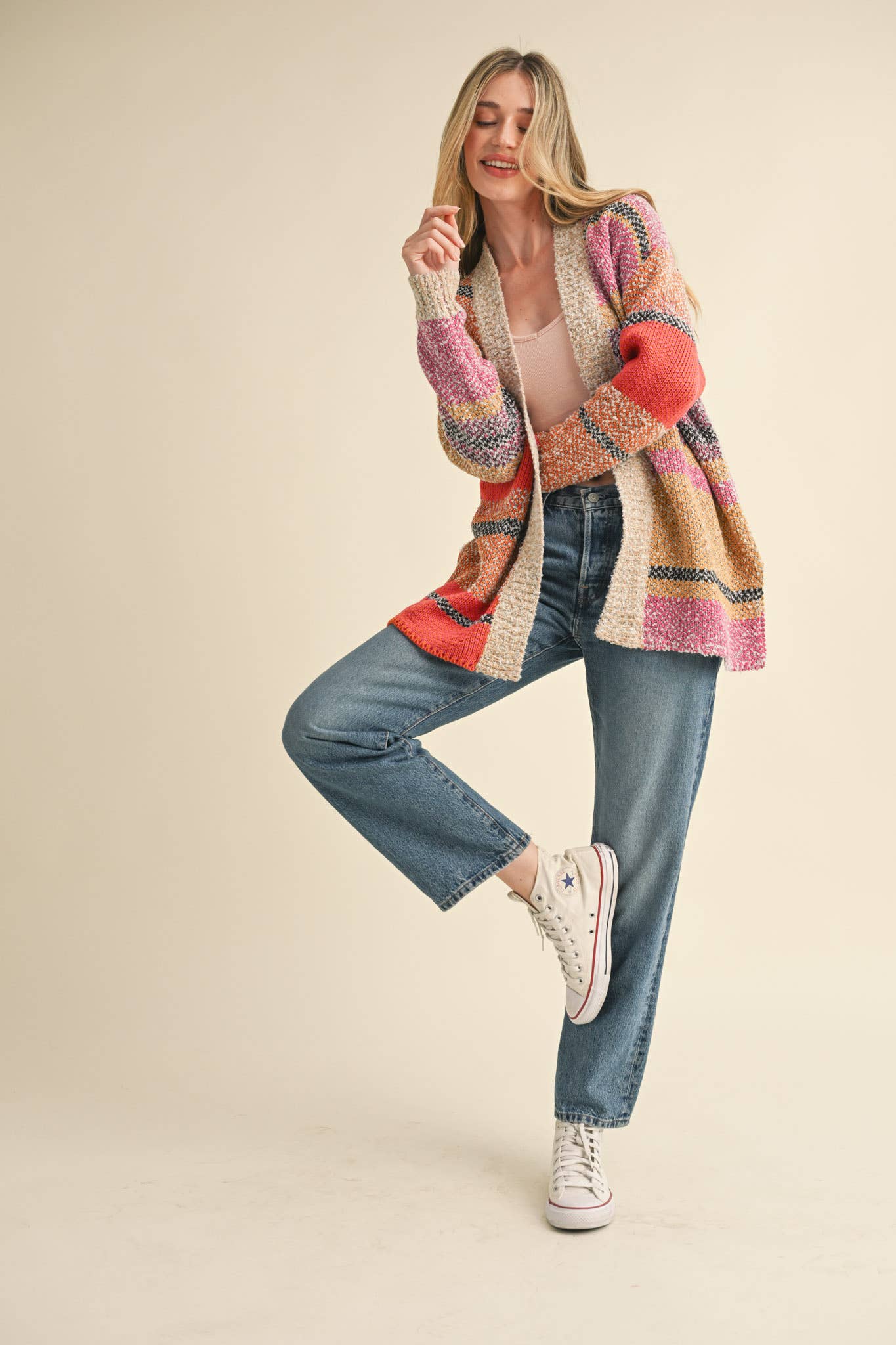 Color Block Cardigan Multi Colored Fuchsia Mustard