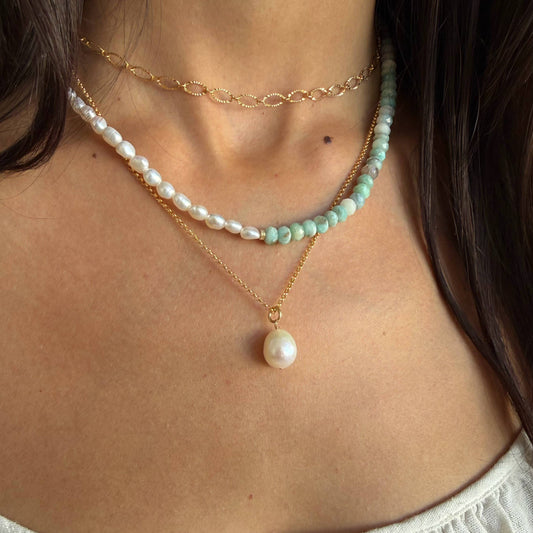 Palm Amazonite & Freshwater Pearl Beaded Necklace • 14K Gold Filled