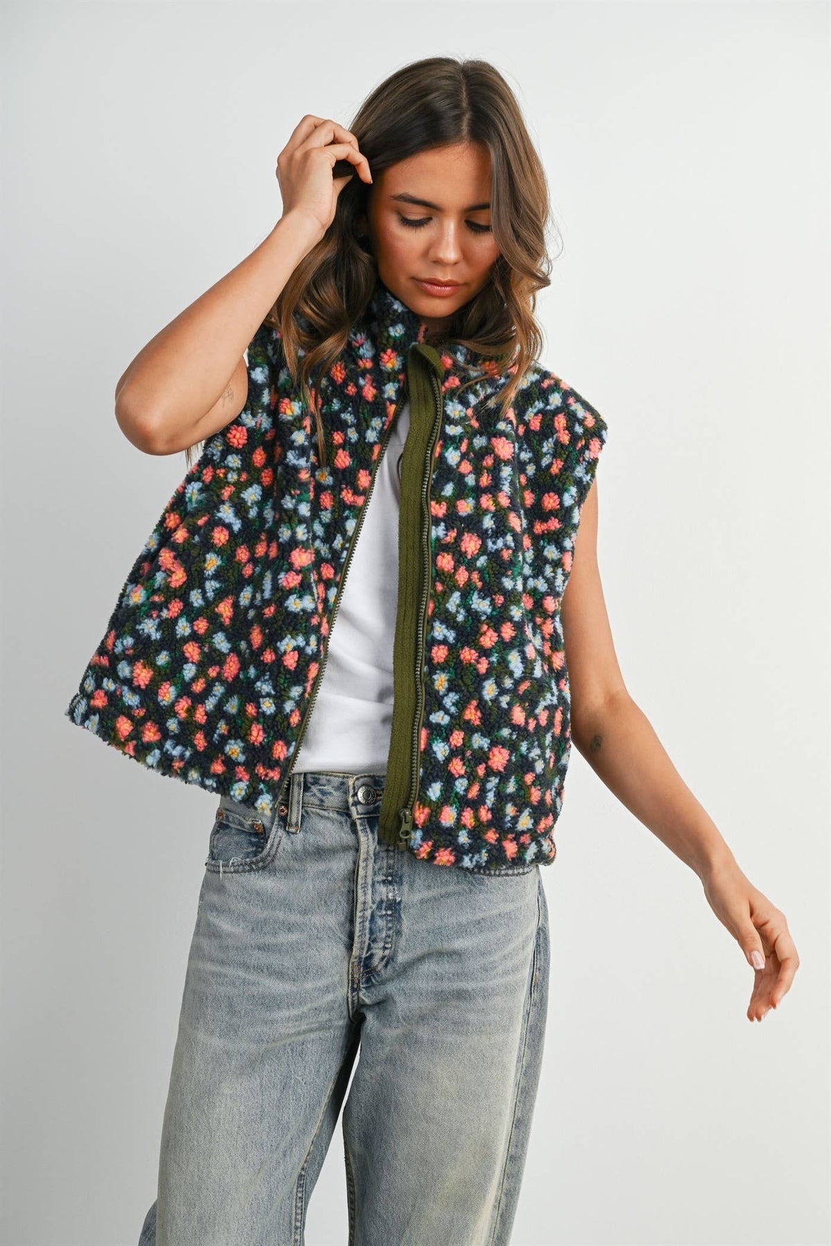 Ditsy Floral Sherpa Fleece Vest • Olive