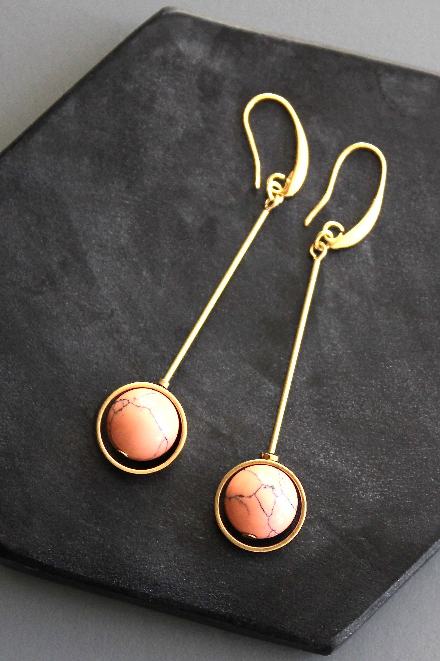 David Aubrey • Geometric Bead Drop Earrings • Brass Coral
