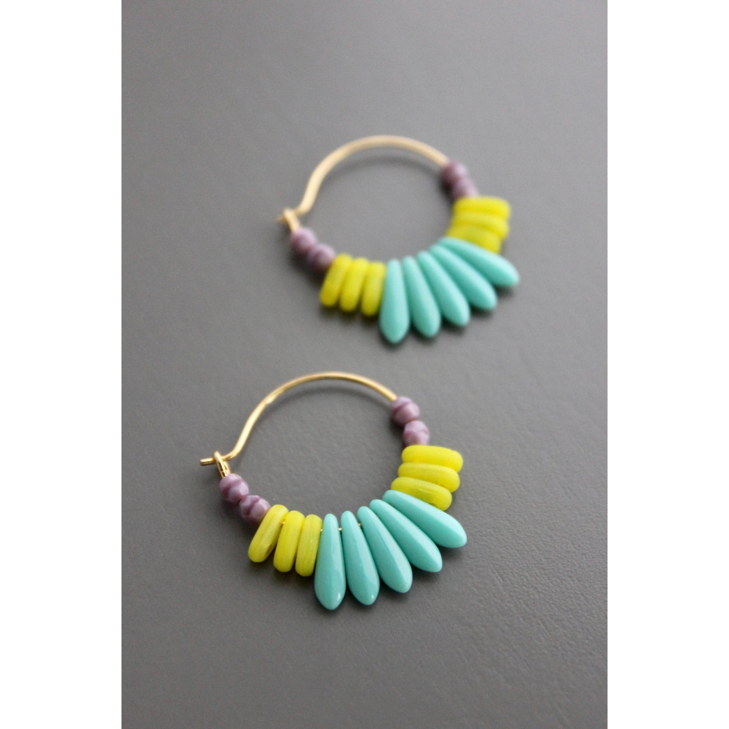 David Aubrey • Small Bead Hoop Earrings • Turquoise Lavender Neon Yellow