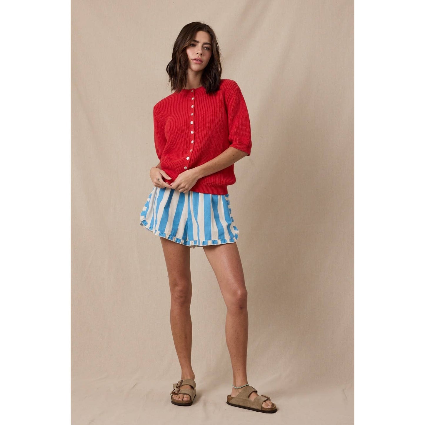 Short Sleeve Cotton Cardigan Sweater • Red