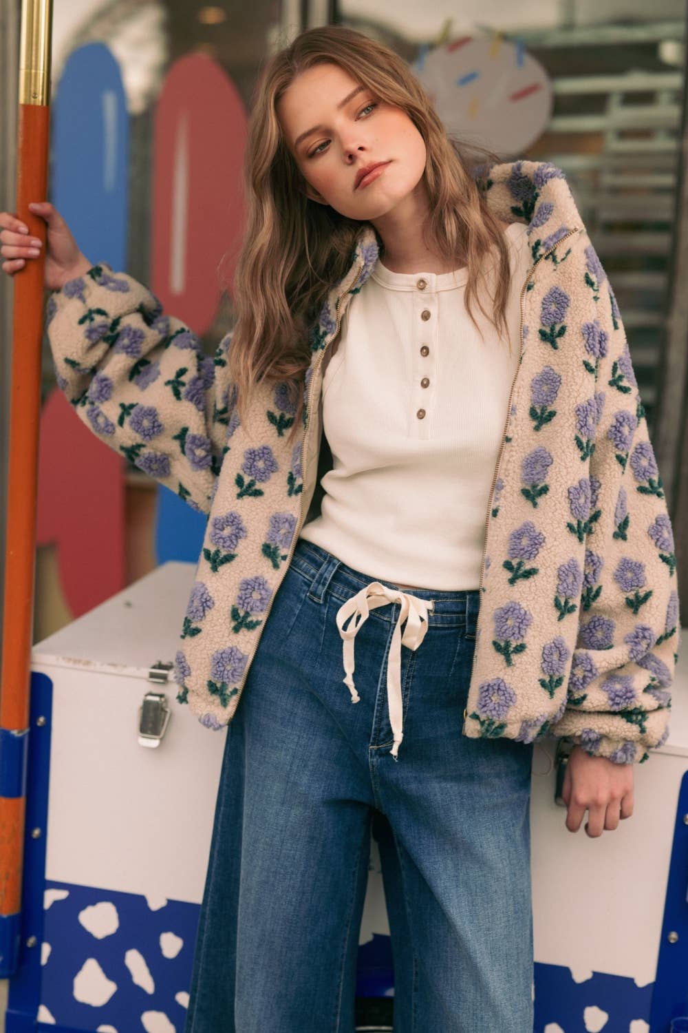 Flower Print Sherpa Jacket • Periwinkle & Ecru