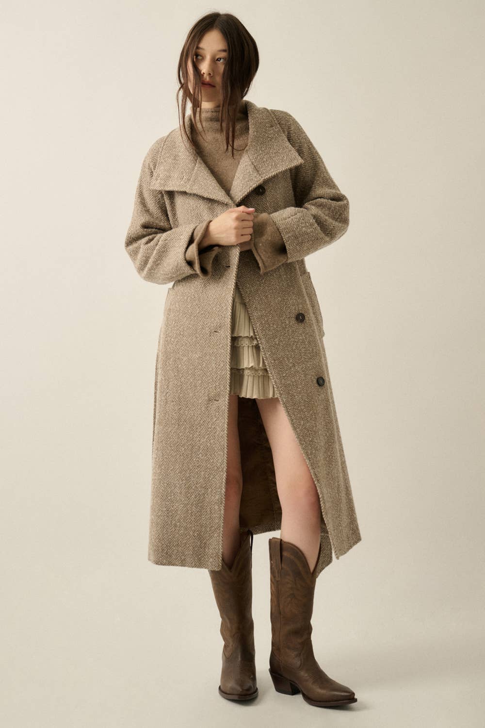 Long Herringbone Tweed Overcoat • Taupe