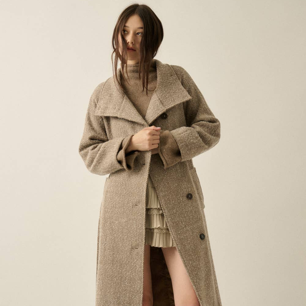 Long Herringbone Tweed Overcoat • Taupe