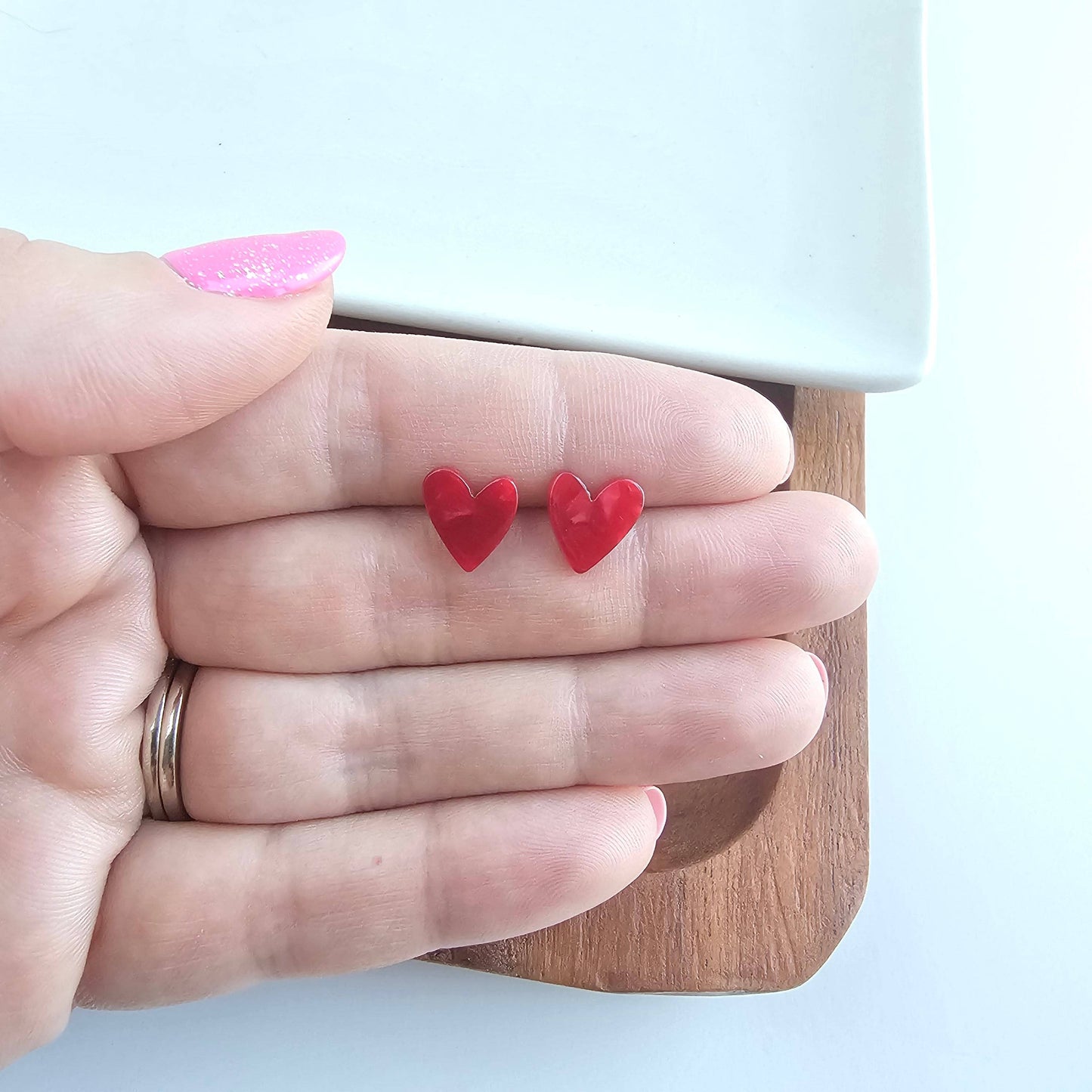 Hand Drawn Heart Stud Earrings • Red