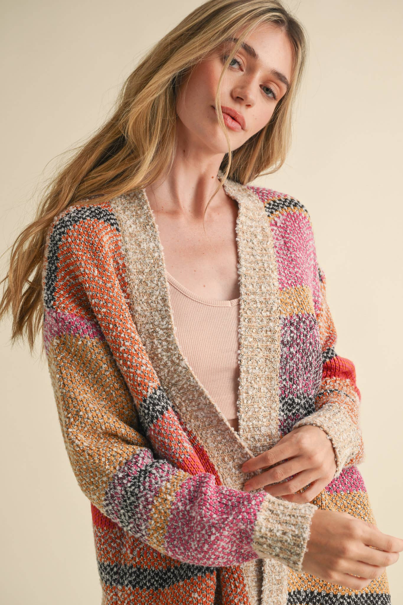 Color Block Cardigan Multi Colored Fuchsia Mustard