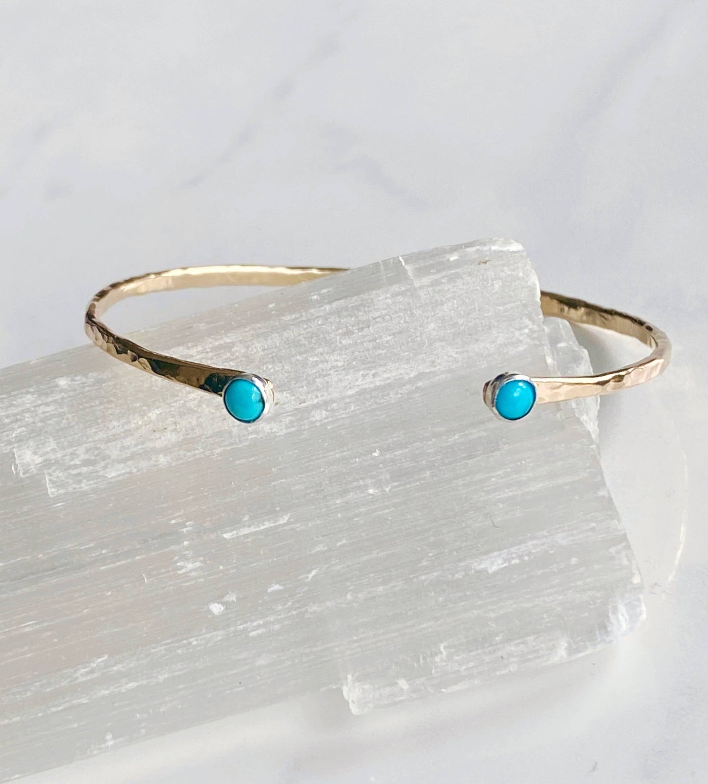 Hammered Open Cuff Bracelet • Turquoise • Gold Fill