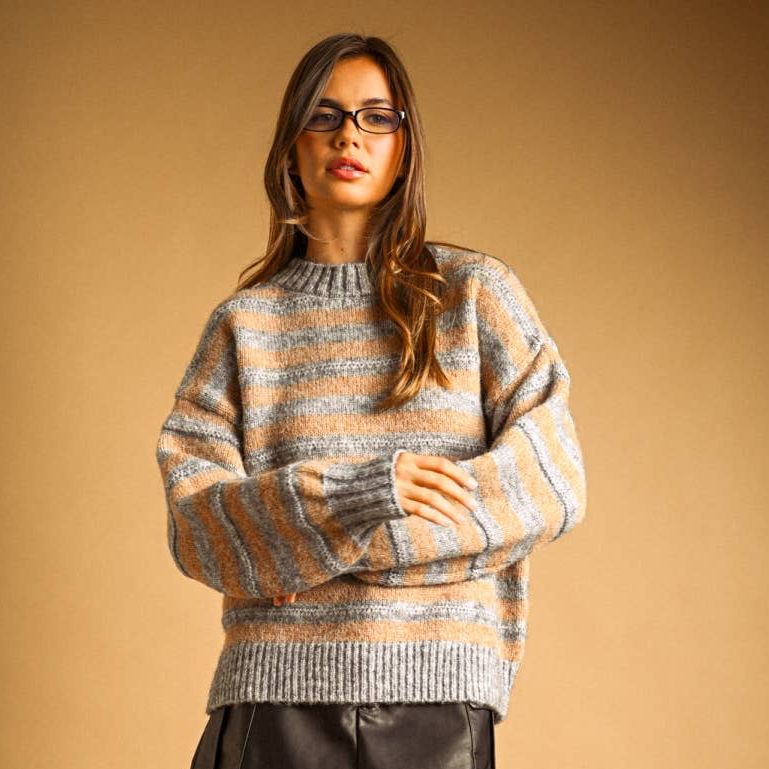 Oversized Striped Pulliver Sweater • Khaki & Grey