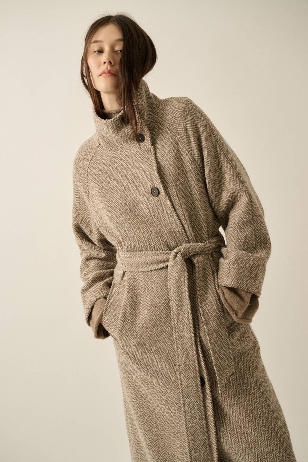 Long Herringbone Tweed Overcoat • Taupe
