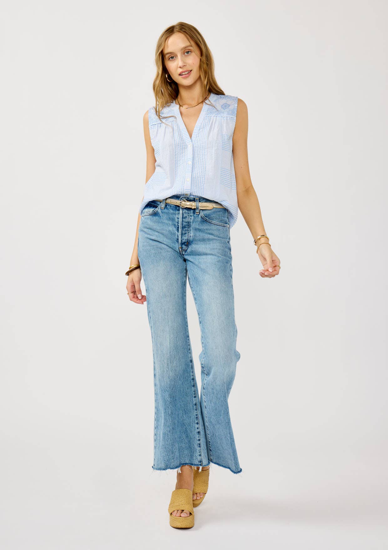 Striped Button-Down Embroidered Tank Light Blue & White