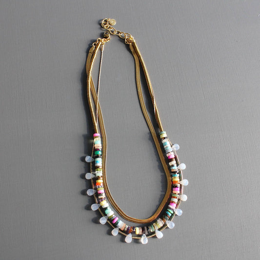 Triple Strand Multicolored Beaded Necklace Gold