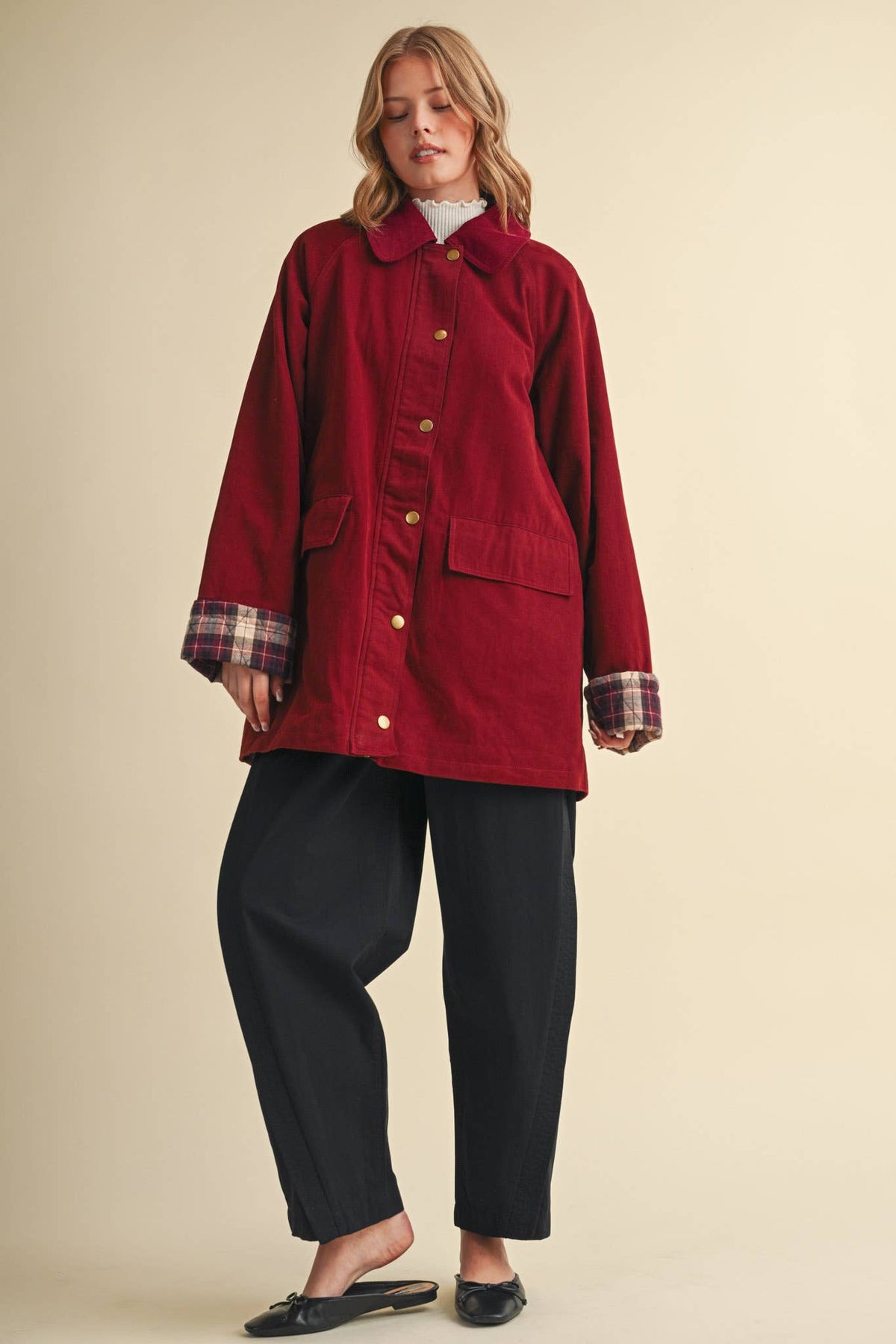 Cotton A-Line Jacket with Plaid Detail • Burgundy