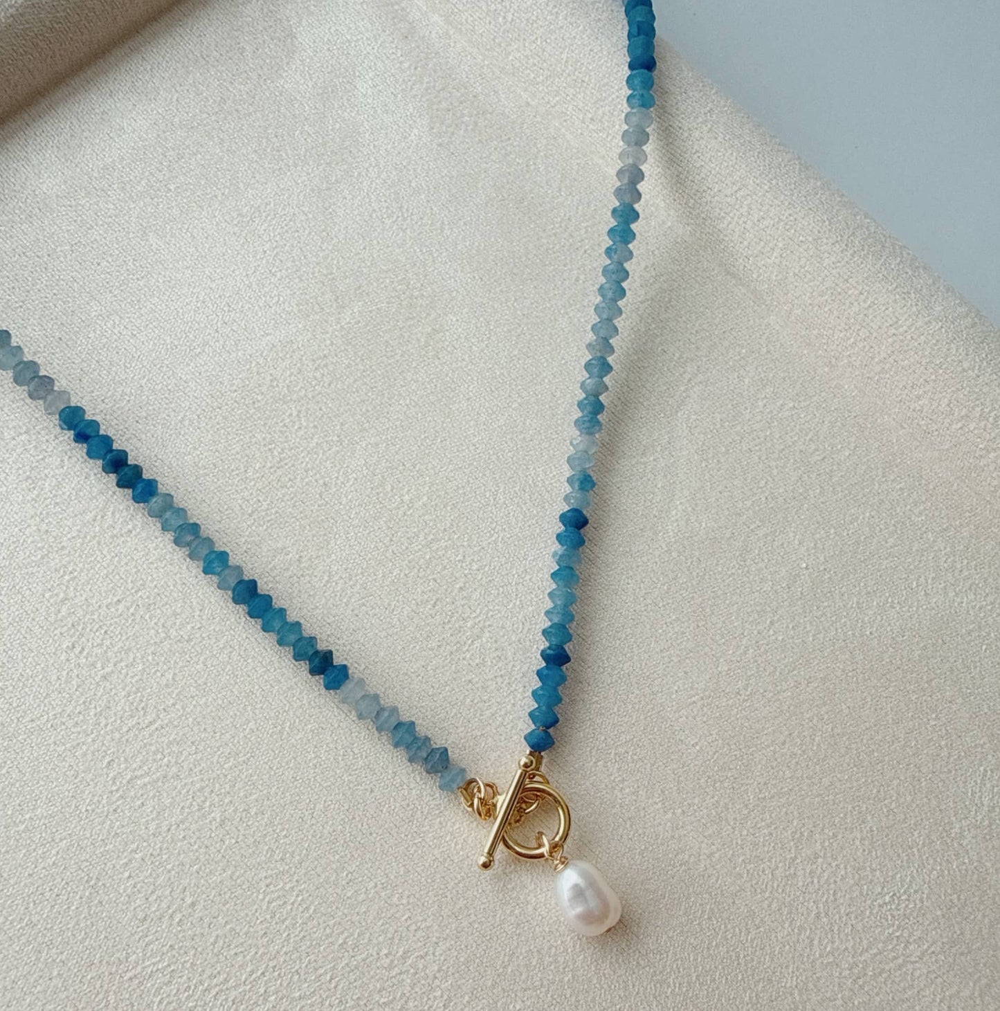 Crete Blue Aventurine Pearl Toggle Necklace • Gold Filled