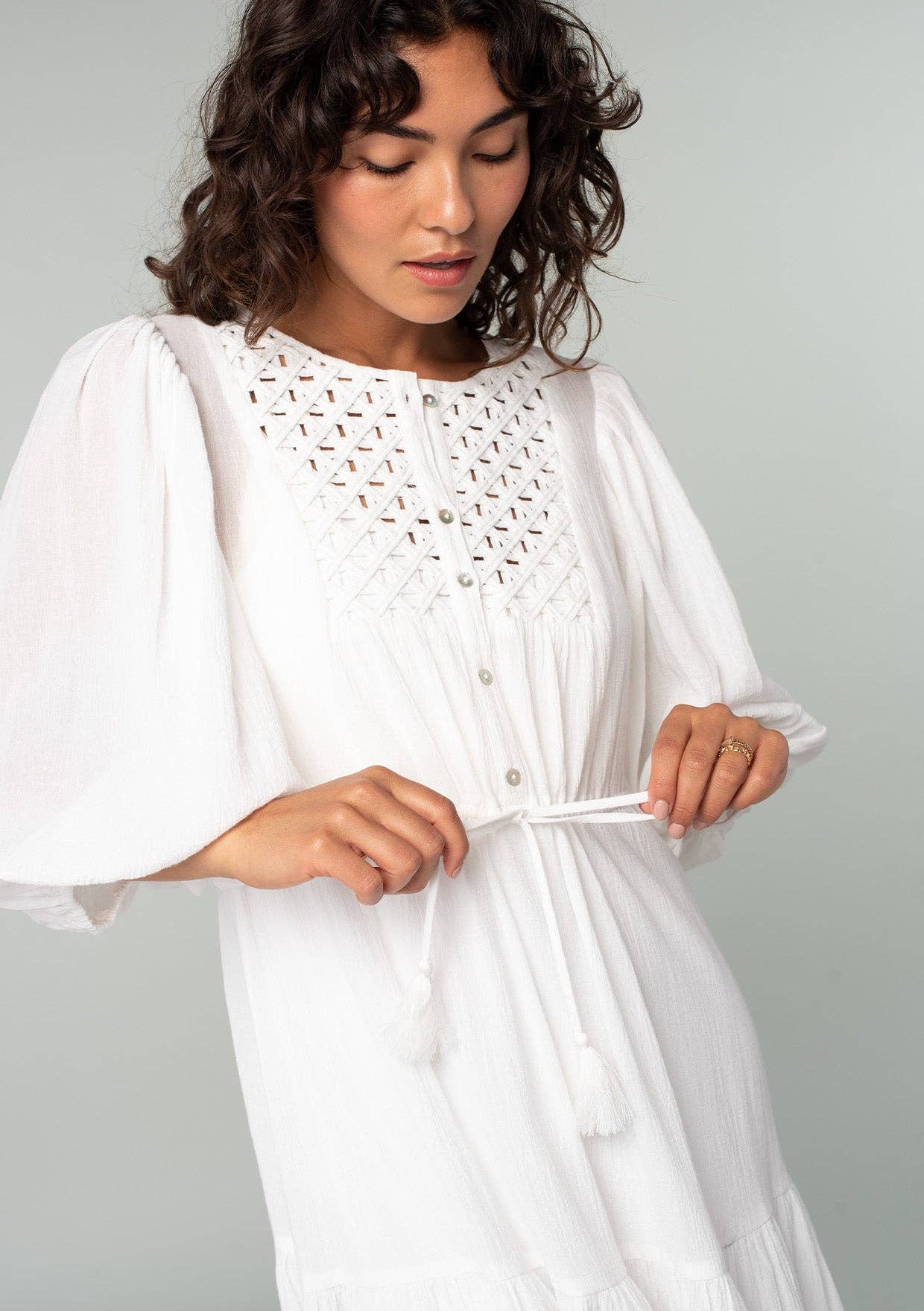 Boho Chic Cotton Gauze Balloon Sleeve Midi Dress: White / L