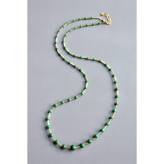 Long Beaded Necklace • Green Vintage Glass & Brass