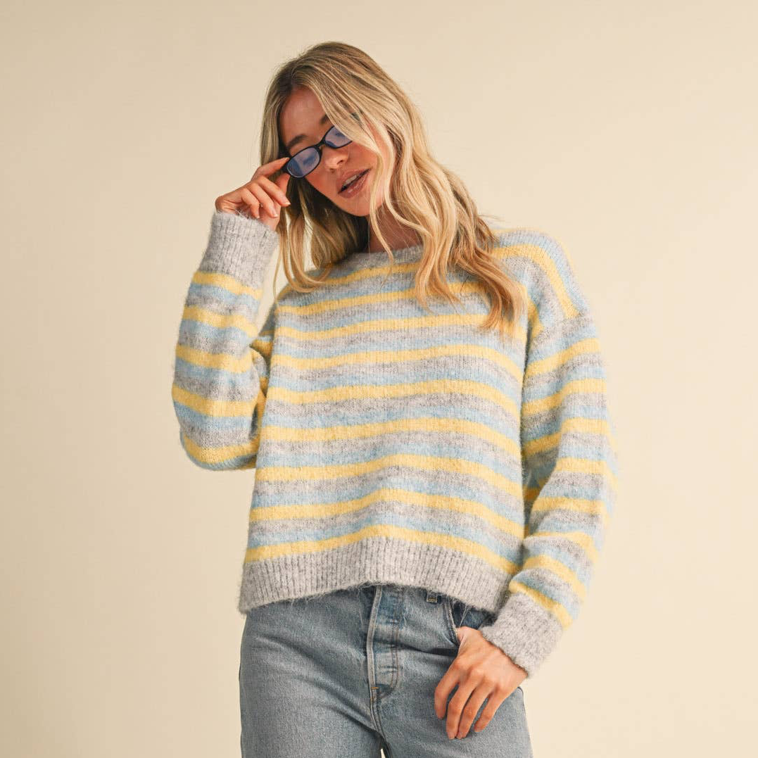 Striped Marled Sweater • Grey Blue & Yellow