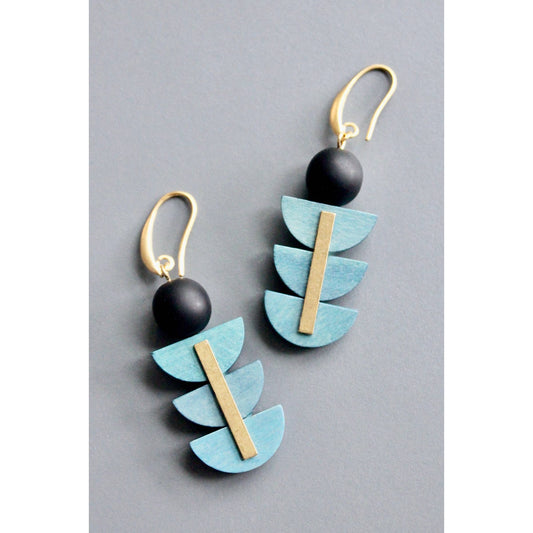 David Aubrey • Wood Painted Geometric Art Deco Earrings • Black Blue