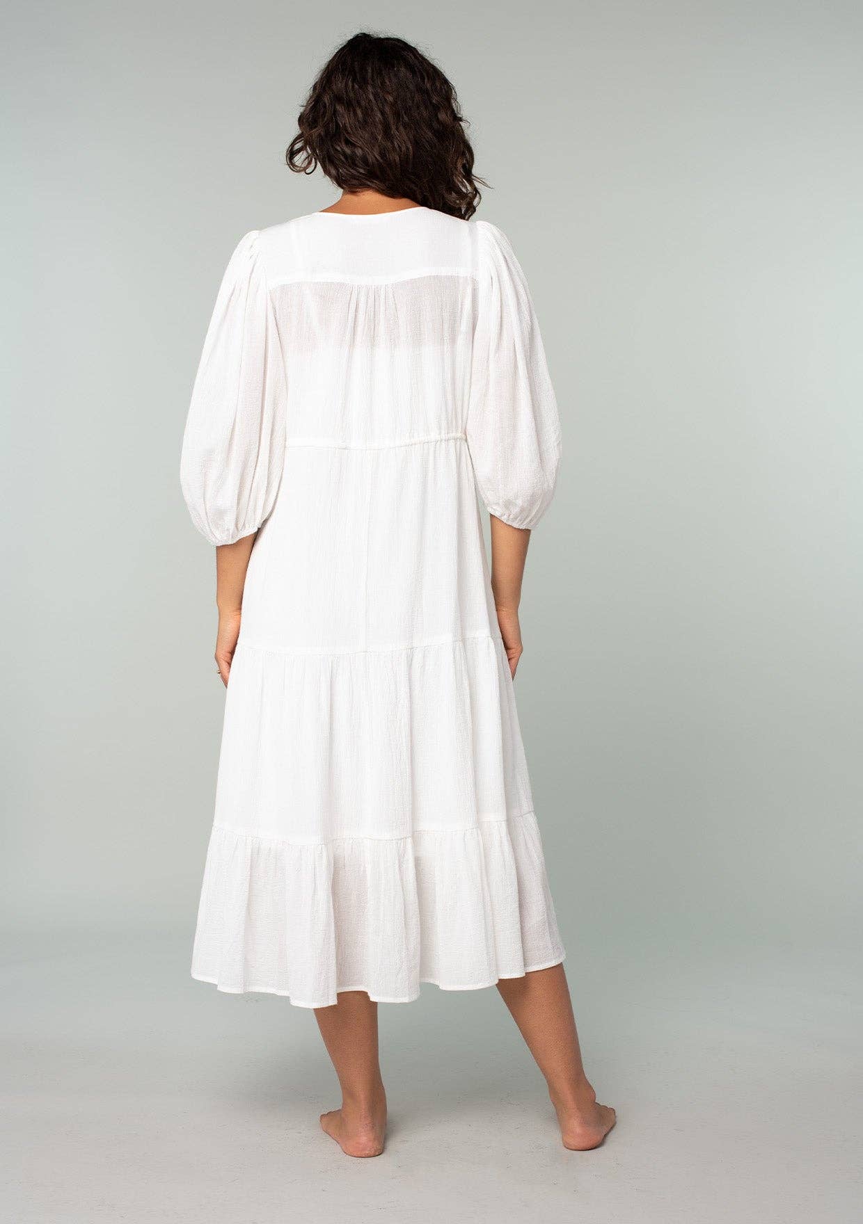 Boho Chic Cotton Gauze Balloon Sleeve Midi Dress: White / L
