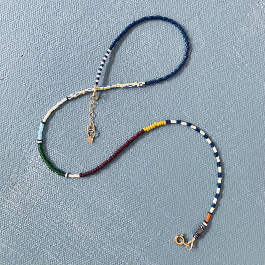 Alice Rice • Mosaic Beaded Choker Necklace•  Navy & Olive