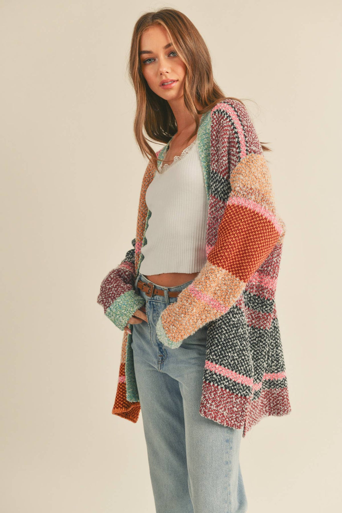Oversized Color Block Cardigan • Burgundy Orange