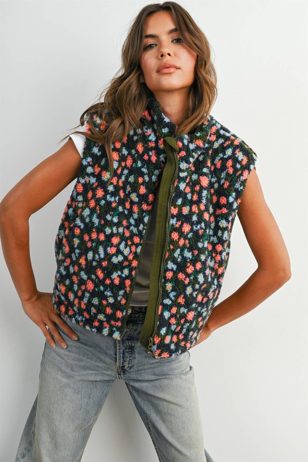 Ditsy Floral Sherpa Fleece Vest • Olive