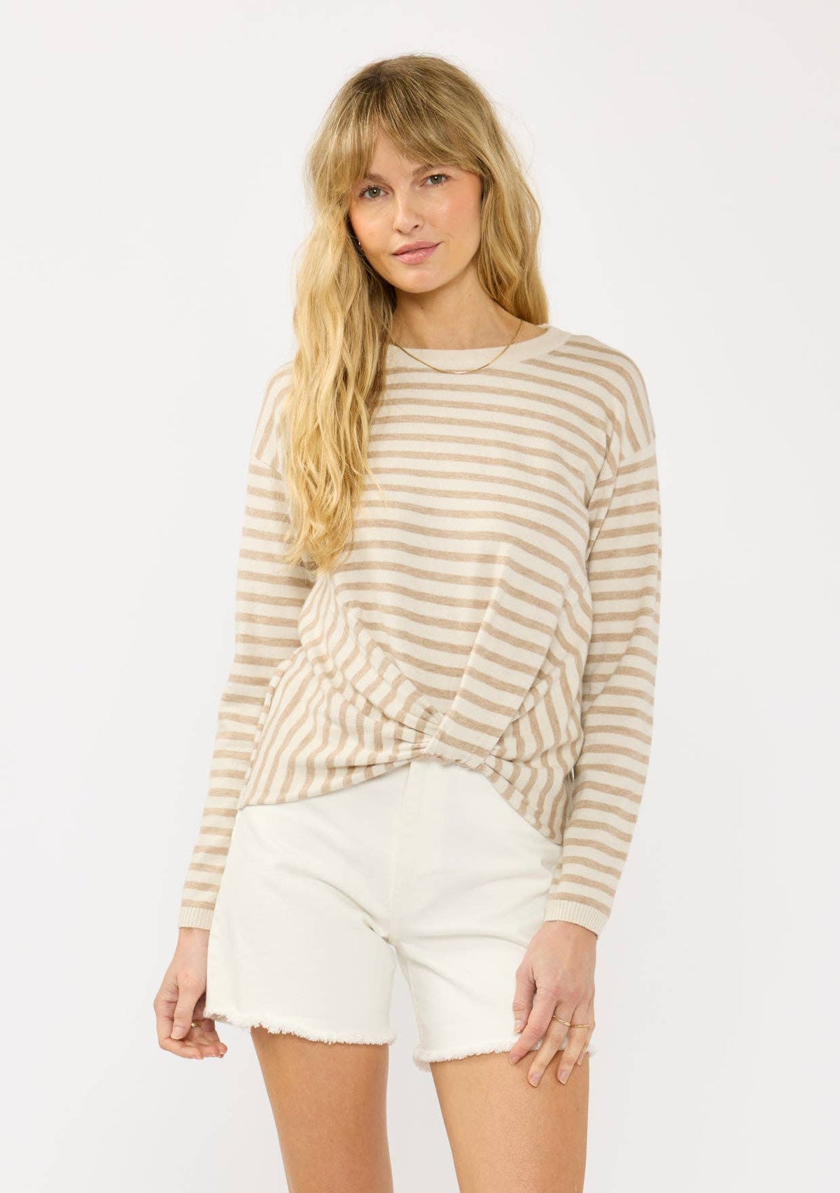 Lightweight Stripe Knot Sweater • Cream & Taupe