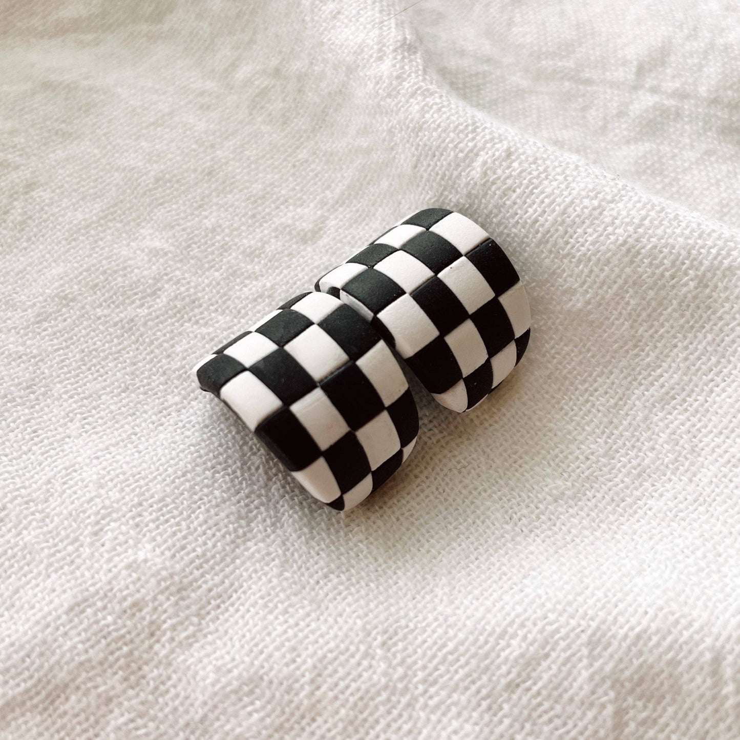 Meadow & Mae • Checkerboard Huggies Statement Earrings • Black & White