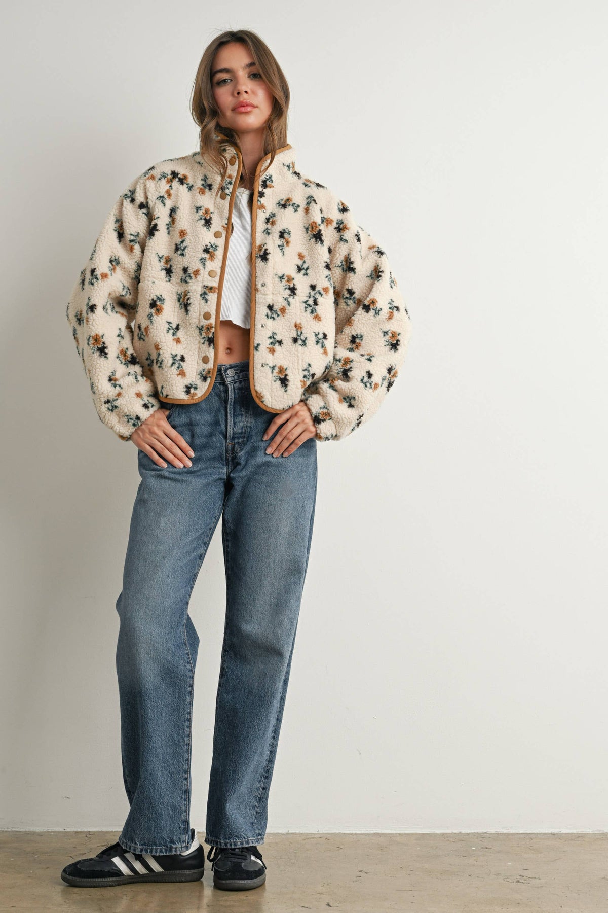 Floral Sherpa Fleece Jacket • Khaki & Cream