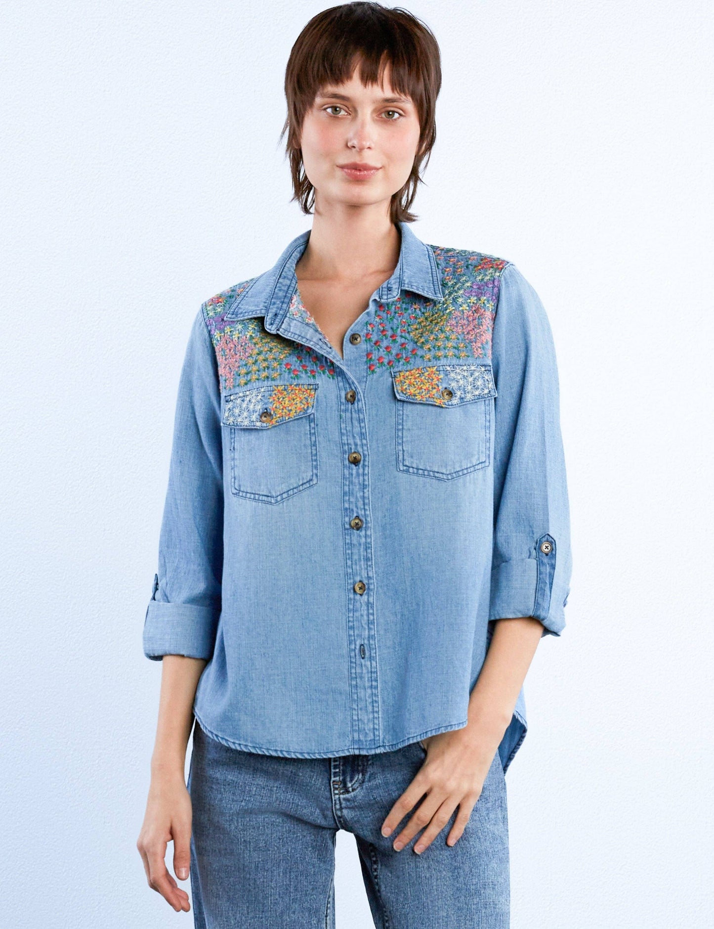 Billy T • Flower Patch Embroidered Shirt • Chambray Denim