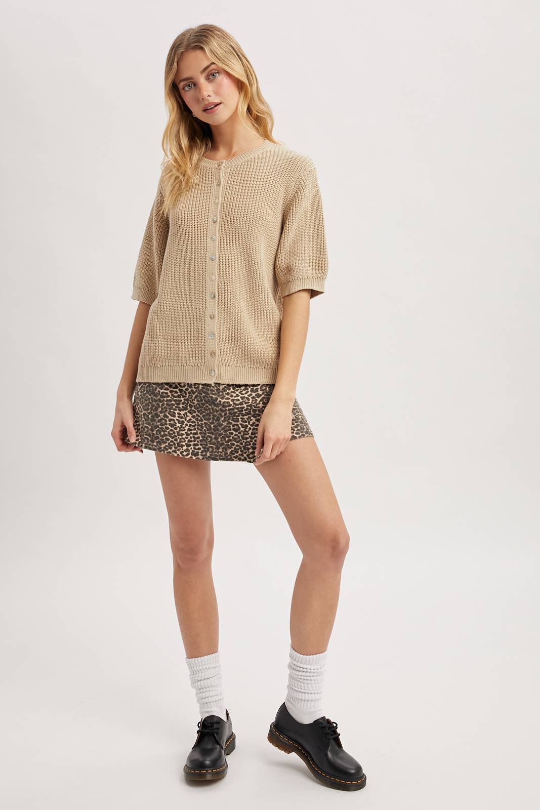 Short Sleeve Cotton Cardigan Sweater • Taupe