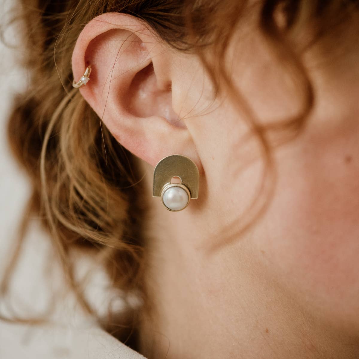 Common Form • Bali Stud Earrings • Brass & Pearl