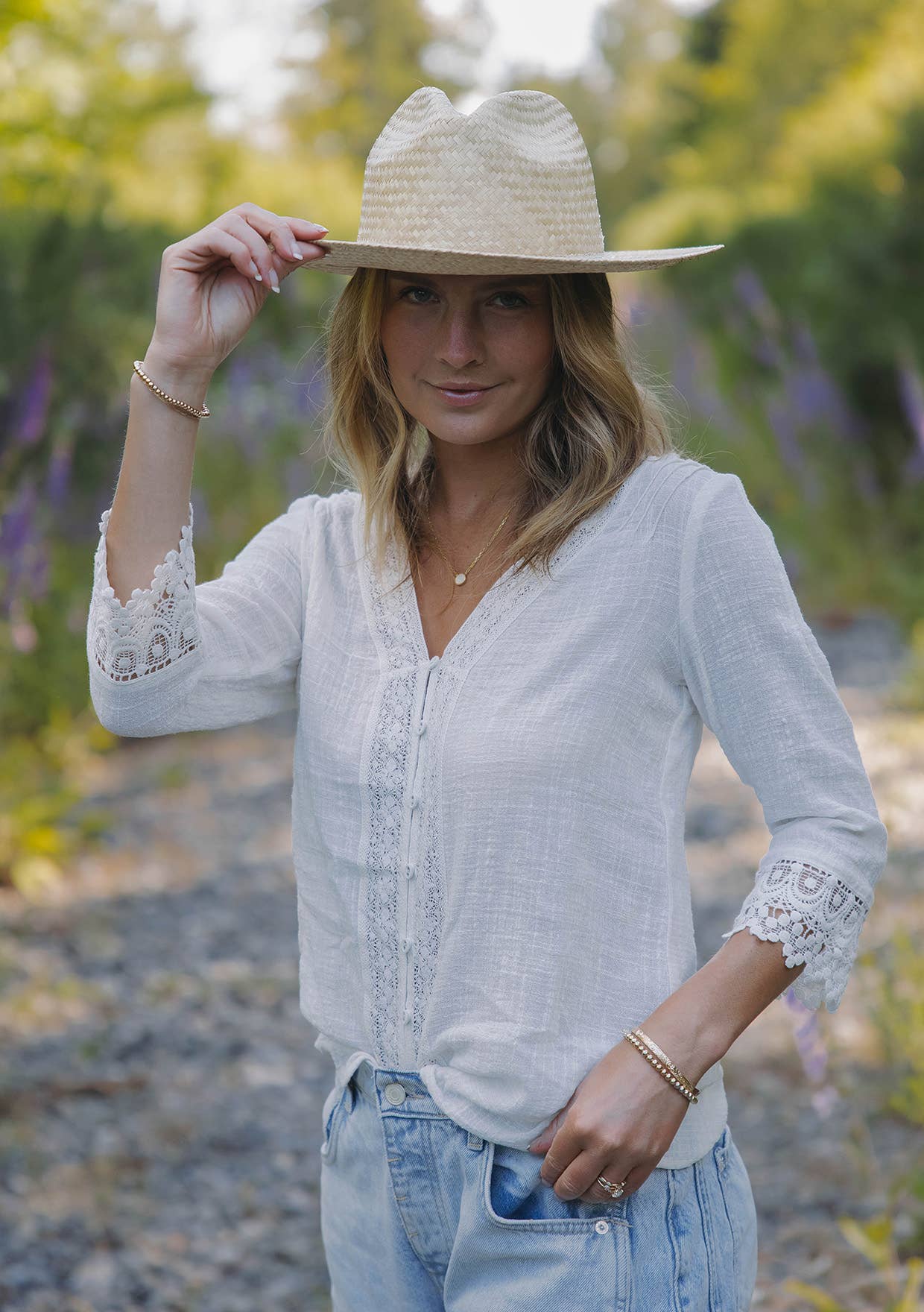Lace Detail V-Neck Button Down Blouse • Vanilla