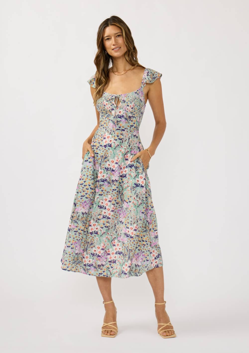 Front Lace Up Smocked Bust Midi Dress • Mint/Lilac