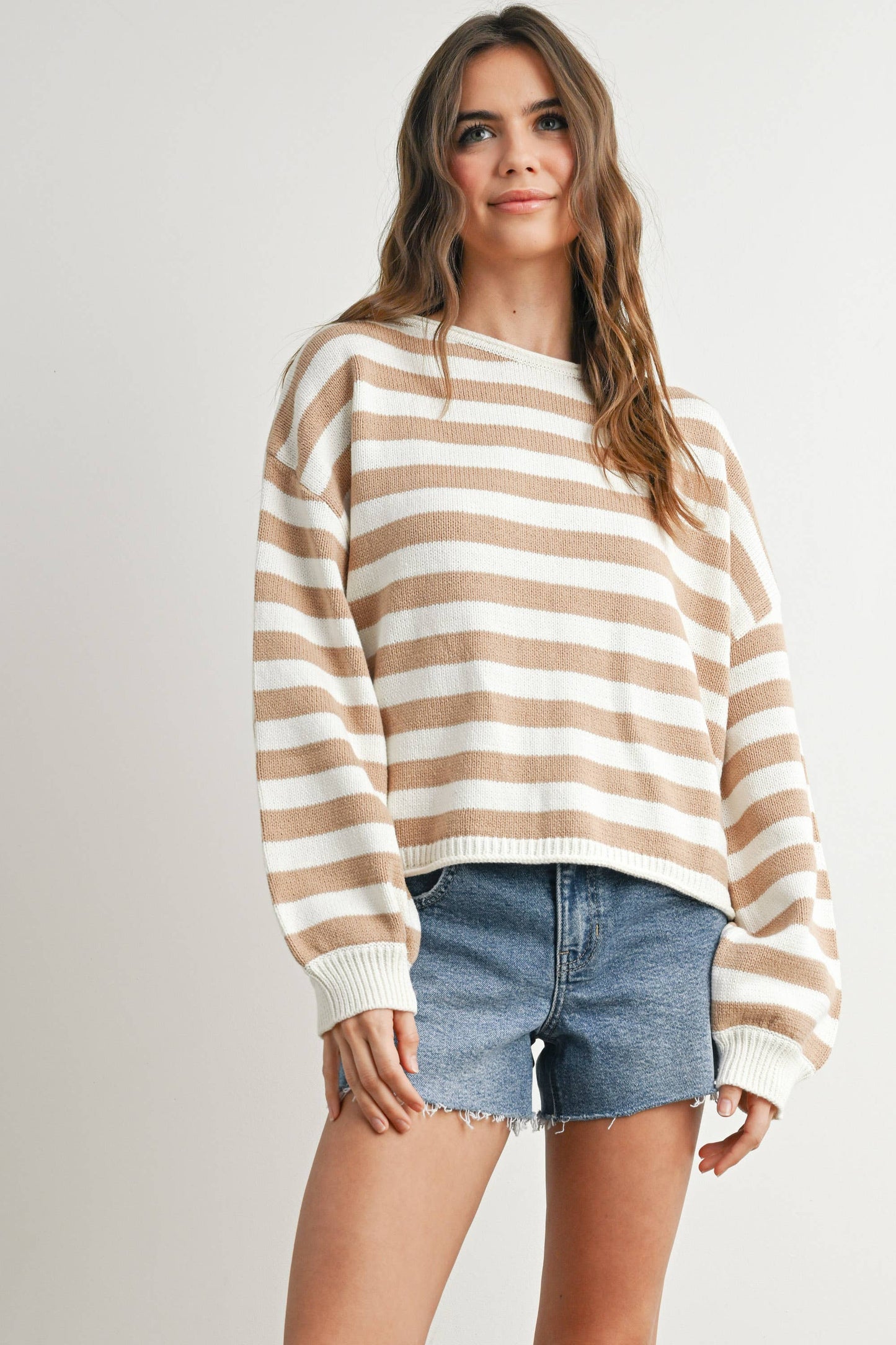 Oversized Boxy Stripe Sweater • Taupe & Ivory
