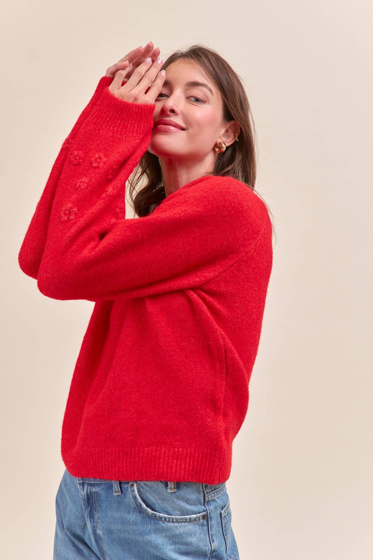 Floral Puff Sleeve Sweater •  Lipstick Red