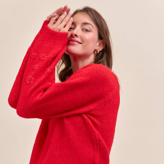 Floral Puff Sleeve Sweater •  Lipstick Red