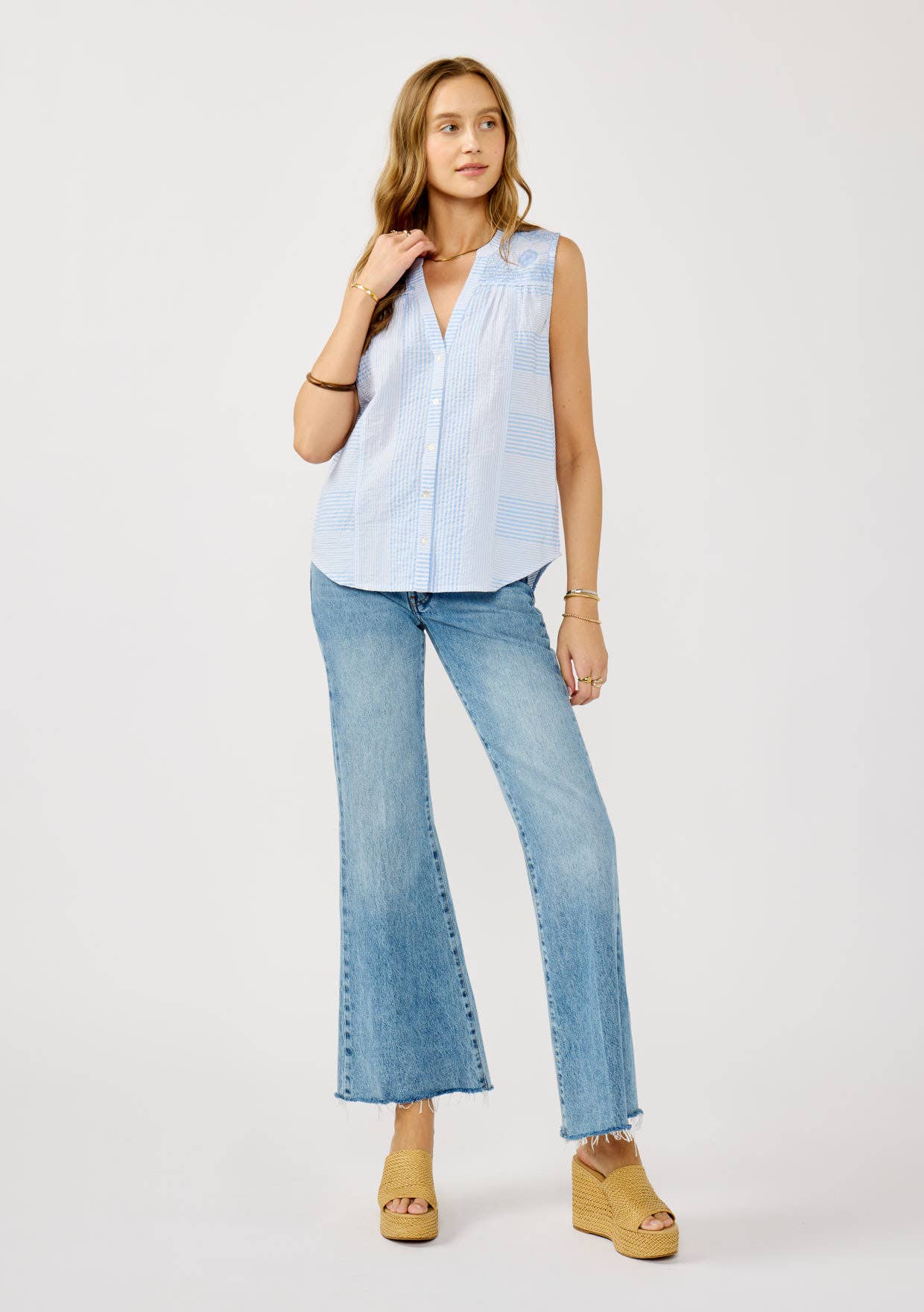 Striped Button-Down Embroidered Tank Light Blue & White