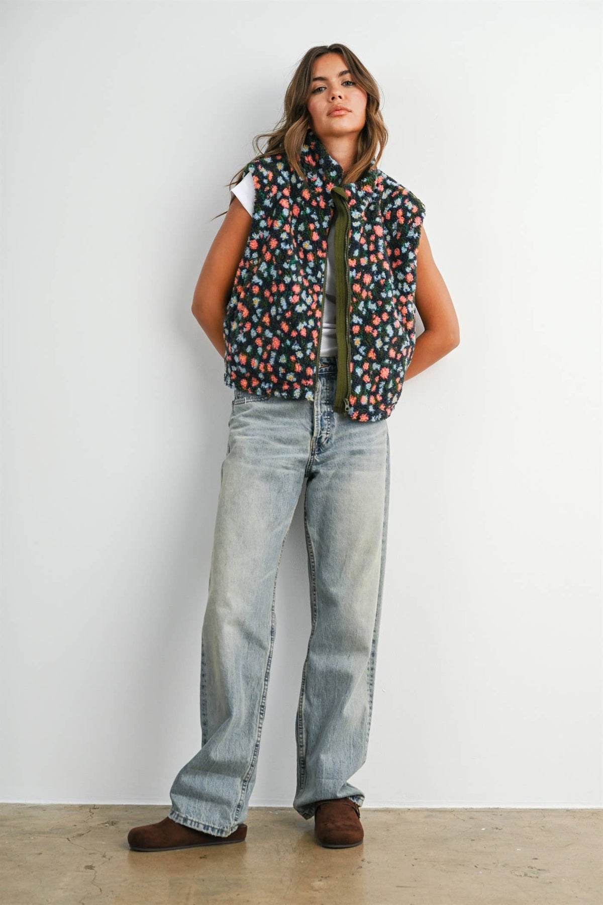 Ditsy Floral Sherpa Fleece Vest • Olive