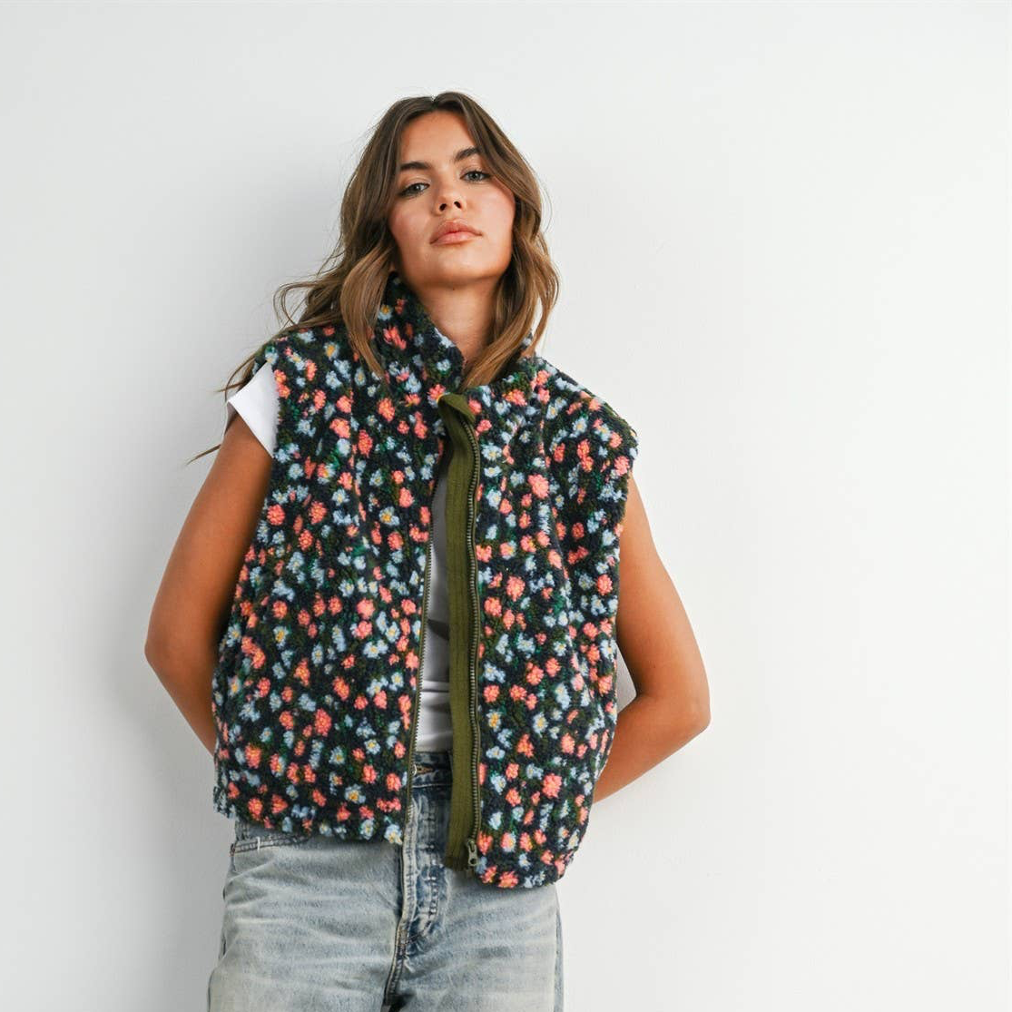 Ditsy Floral Sherpa Fleece Vest • Olive