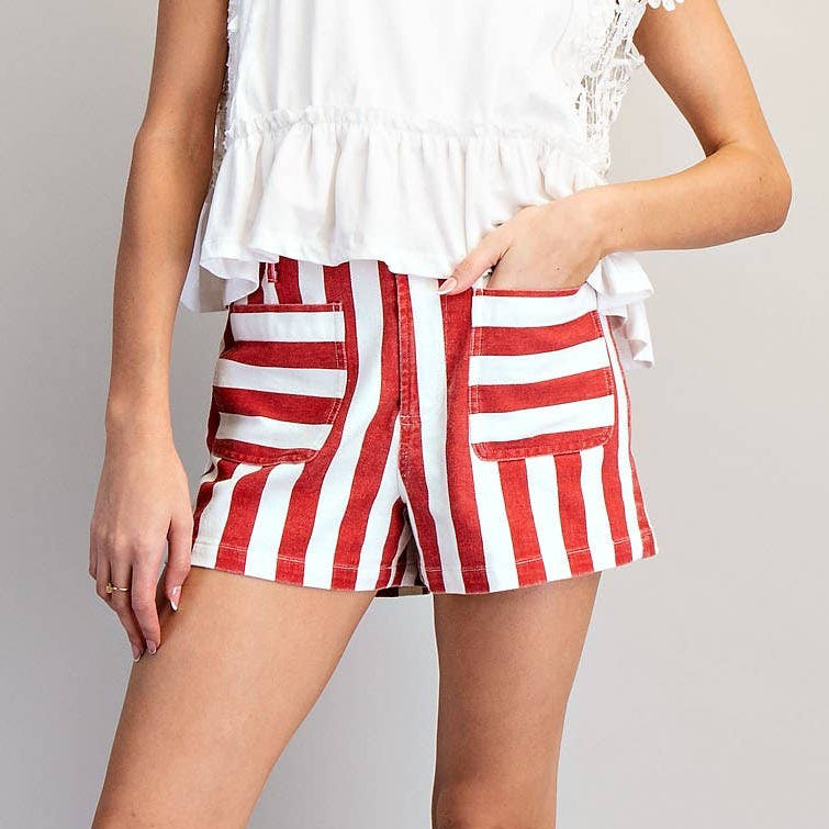 Striped Denim Shorts • Red & White