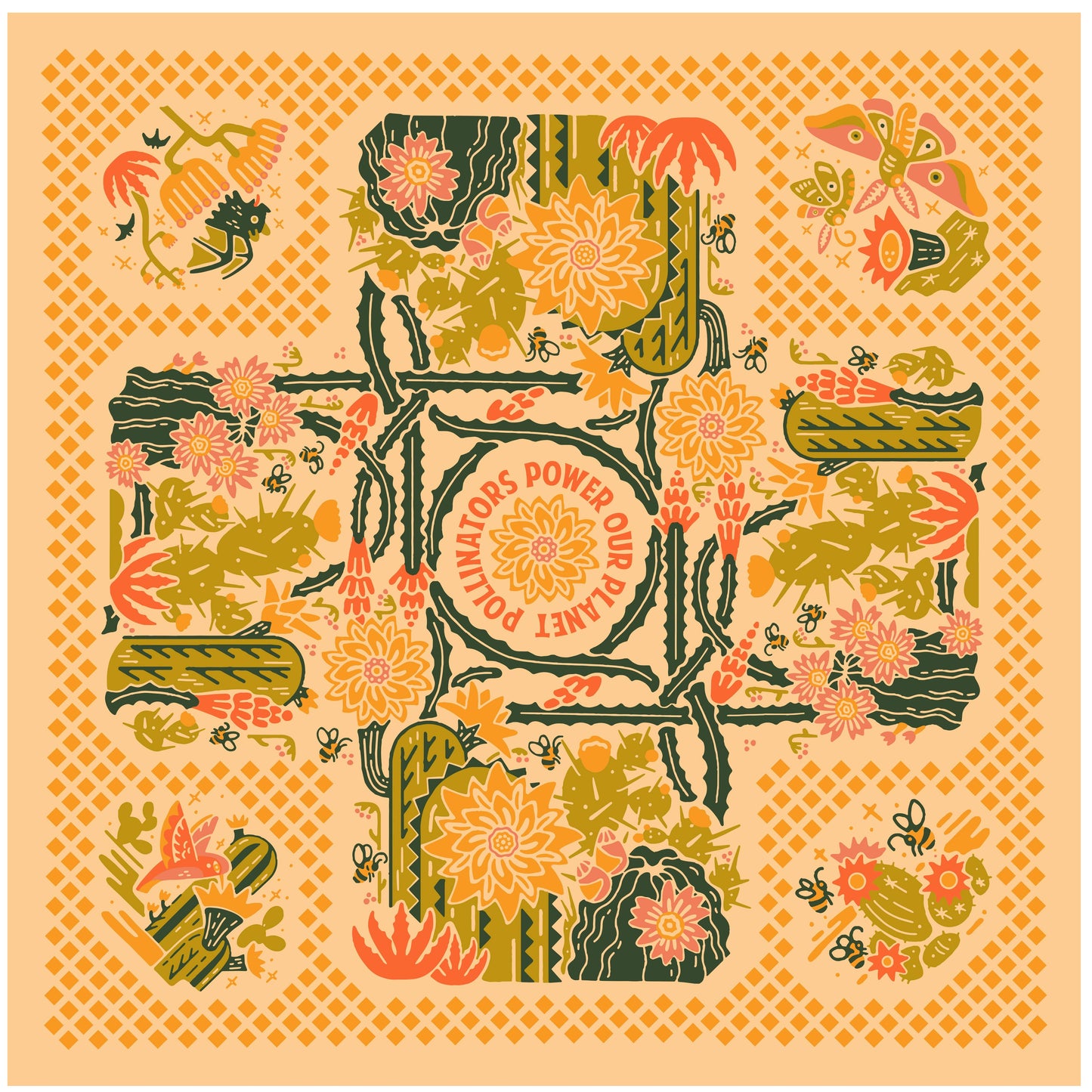 Organic Cotton Bandana • Prickly Pollinators • Peach & Green