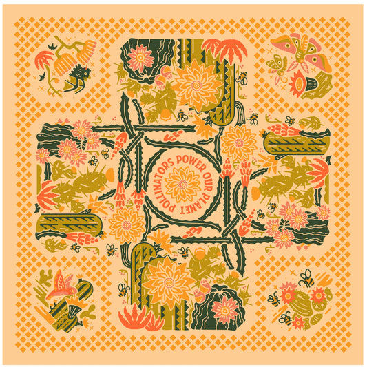 Organic Cotton Bandana • Prickly Pollinators • Peach & Green