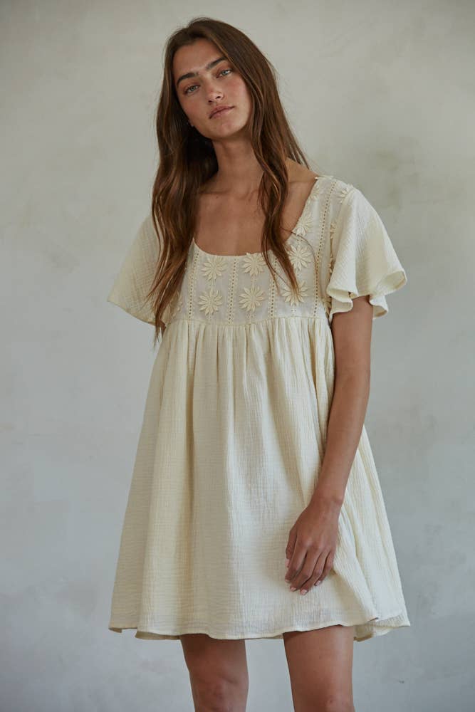 By Together• Floral Embroidered Short Sleeve Babydoll Dress • Cream