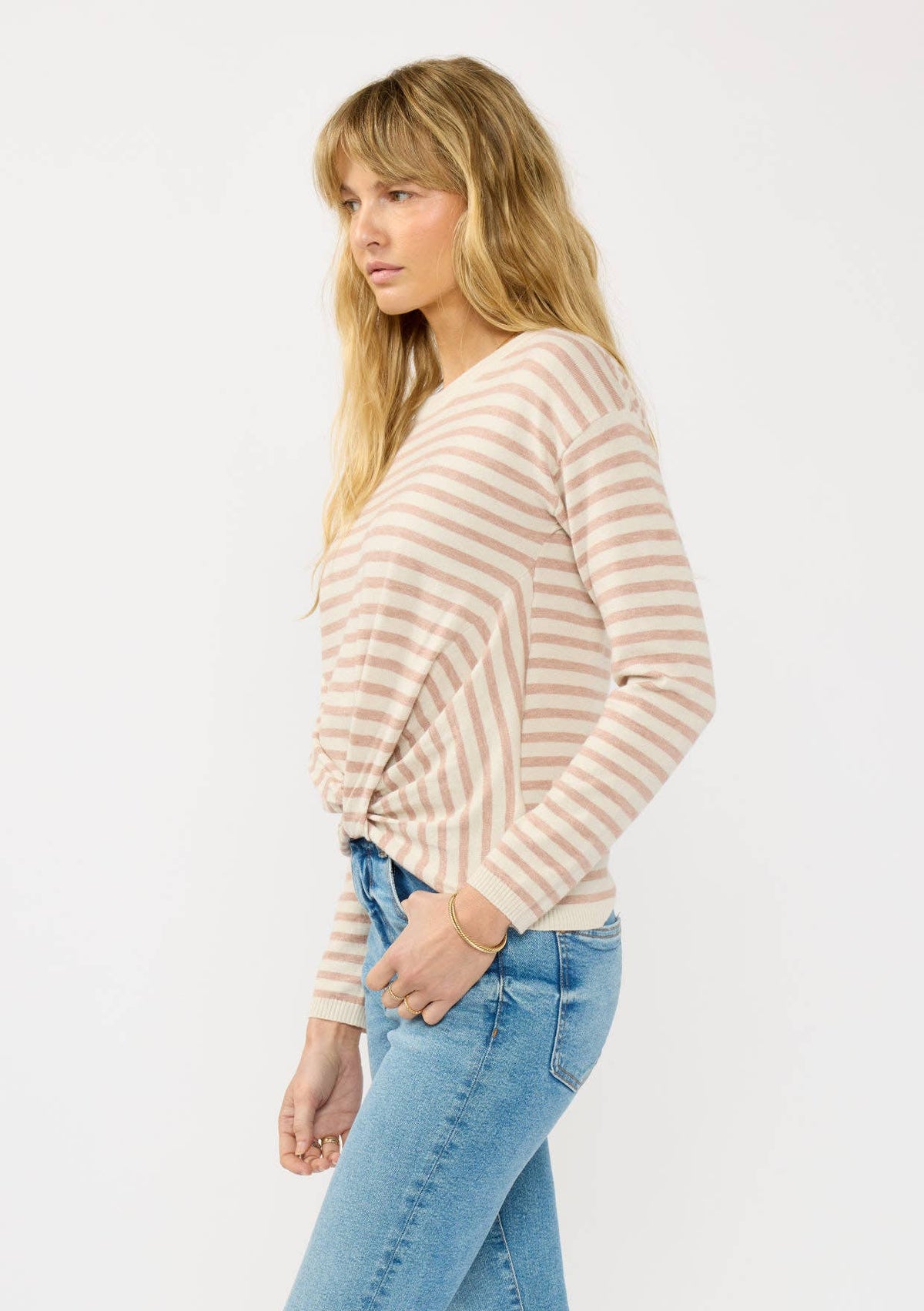 Lightweight Stripe Knot Sweater • Cream & Taupe
