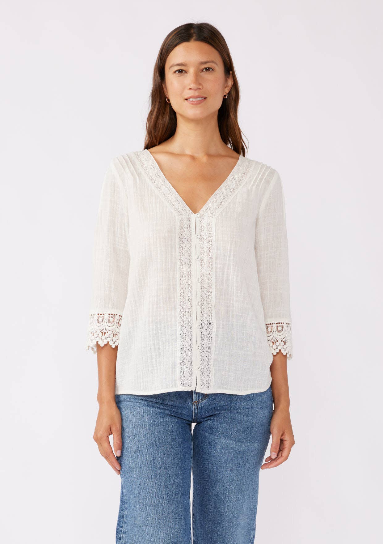 Lace Detail V-Neck Button Down Blouse • Vanilla
