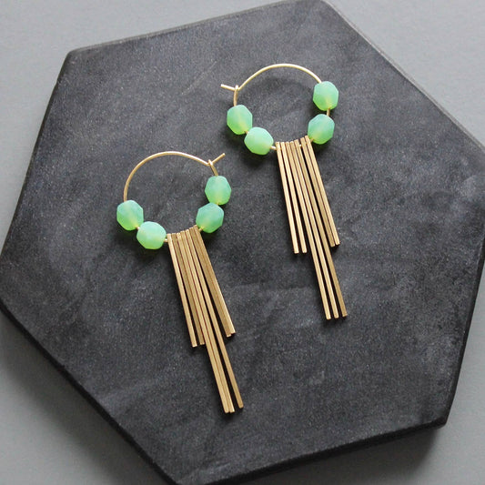 Glass Bead Fringe Hoop Earrings Mint